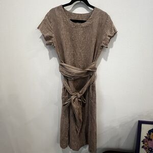 Len.Ok Linen Long Dress Tan Lagenlook Belted Waist Midi, Size L Altered Read